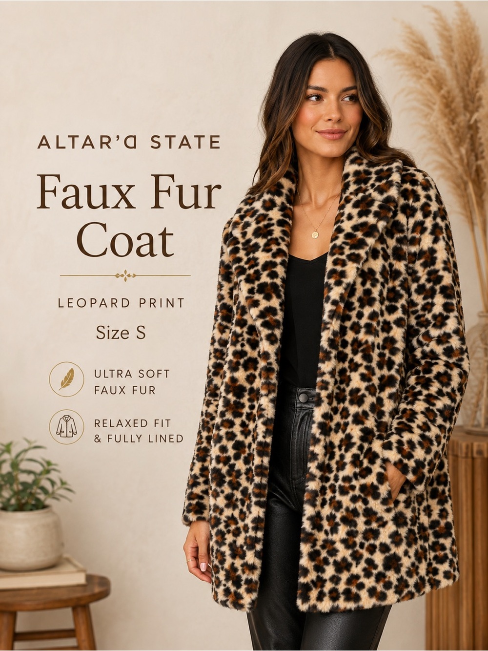 Altar’d State Leopard Print Faux Fur Coat Size Small Mob Wife